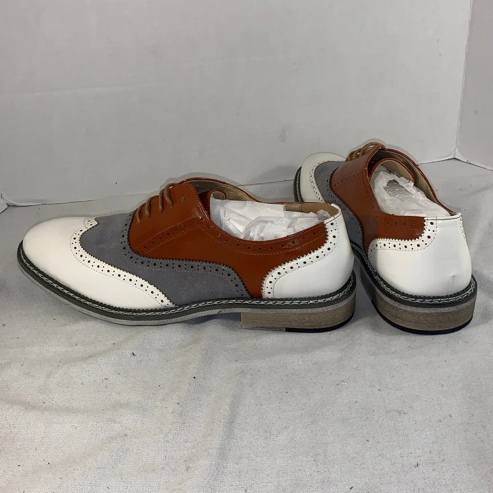 Weishimibang Mens Tri-Color Wingtip Oxford — White/Gray/Brown